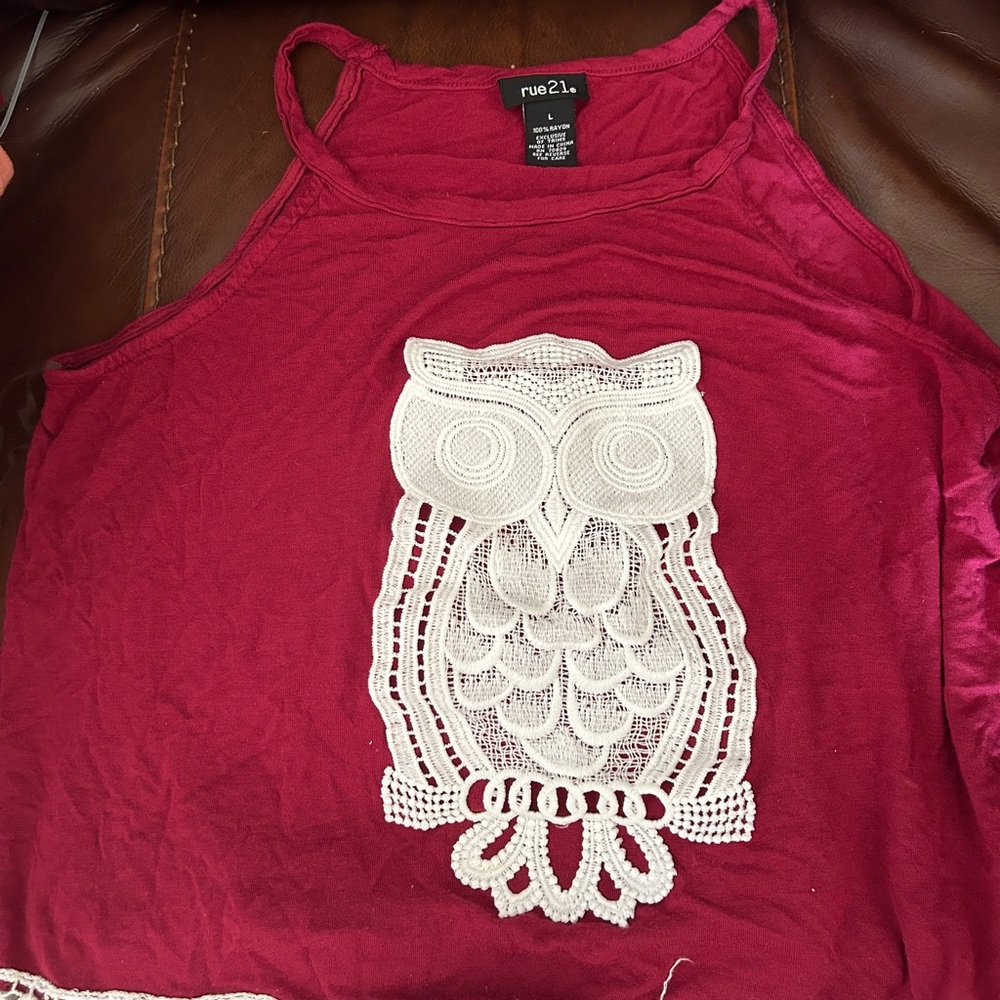 Red lg spaghetti strap with white owl on front